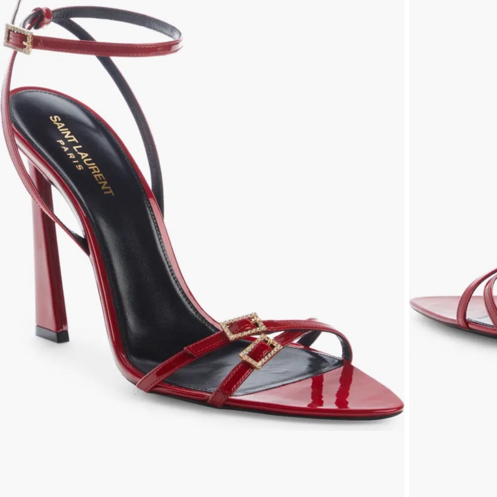 Saint Laurent Crystal Buckle Ankle Strap Sandal in Tibet Red